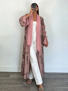 Yasmyna Abaya Wanita Model Terbuka Depan + Hijab Motif Botani Lengan Lentera Longgar Panjang Kimono Pakaian Luar - Berwarna merah muda - View 5