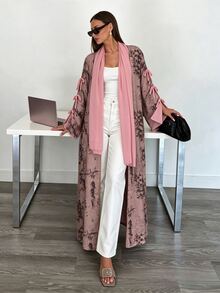 Yasmyna Abaya Wanita Model Terbuka Depan + Hijab Motif Botani Lengan Lentera Longgar Panjang Kimono Pakaian Luar - Berwarna merah muda - View 3