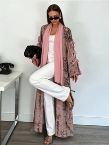 Yasmyna Abaya Wanita Model Terbuka Depan + Hijab Motif Botani Lengan Lentera Longgar Panjang Kimono Pakaian Luar - Berwarna merah muda - View 6
