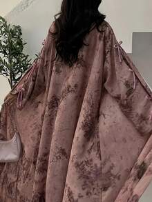 Yasmyna Abaya Wanita Model Terbuka Depan + Hijab Motif Botani Lengan Lentera Longgar Panjang Kimono Pakaian Luar - Berwarna merah muda - View 8