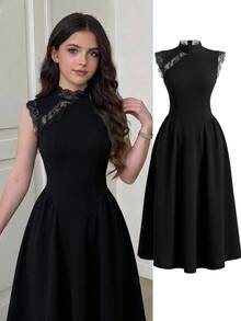 SHEIN Teen Girls Black Contrast Lace Trim Elegant Dress - Black - View 4