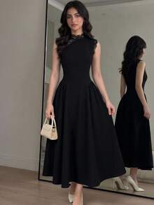 SHEIN Teen Girls Black Contrast Lace Trim Elegant Dress - Black - View 3