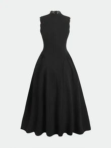 SHEIN Teen Girls Black Contrast Lace Trim Elegant Dress - Black - View 7