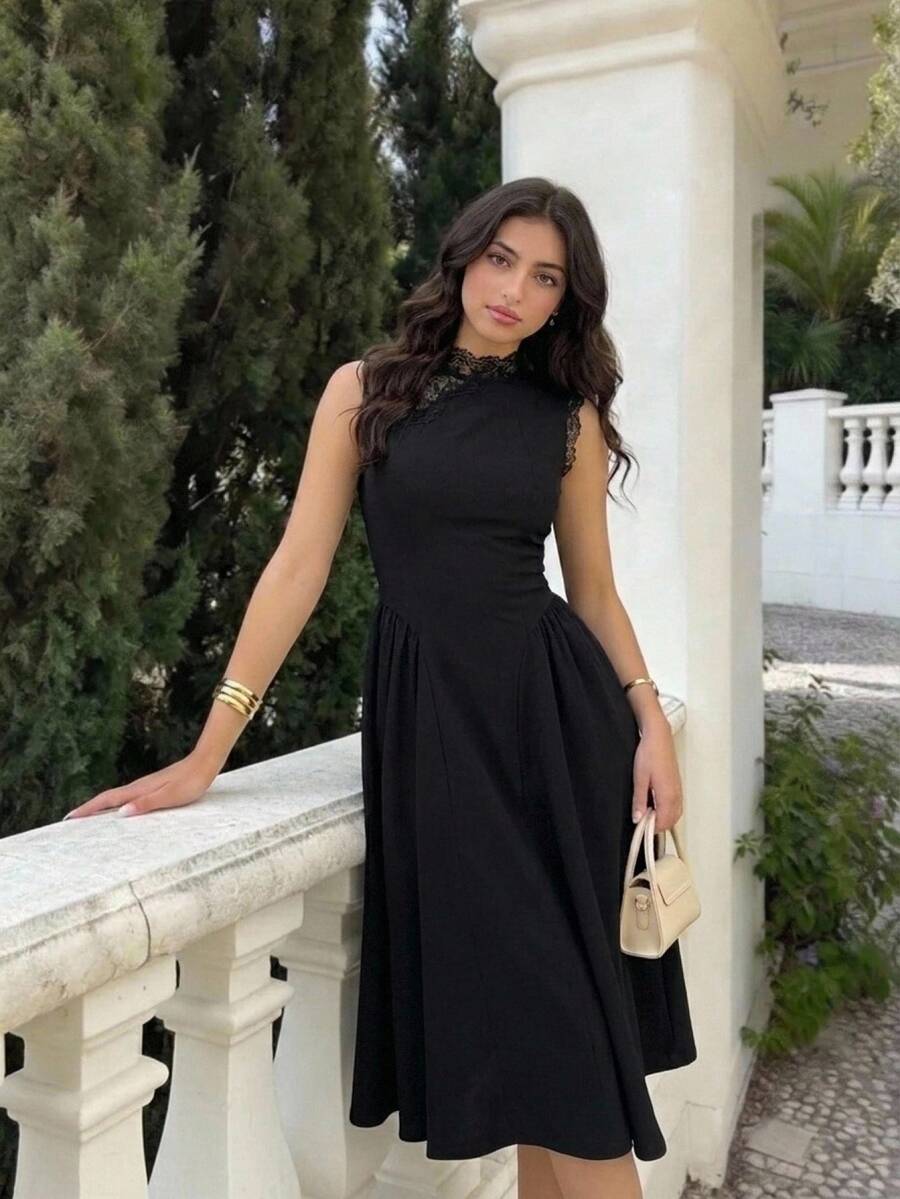 SHEIN Teen Girls Black Contrast Lace Trim Elegant Dress - Black - View 1