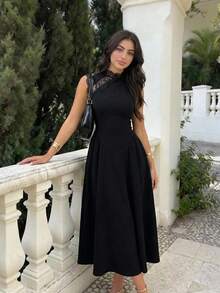 SHEIN Teen Girls Black Contrast Lace Trim Elegant Dress - Black - View 2