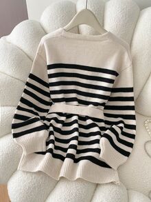 SHEIN Casual French Loose V-Neck Long Sleeve Black And White Striped Striped Knit Cardigan With Belt Autumn 2026 Going Out Office Brunch Top Work Tops Basic - Black and White - View 2