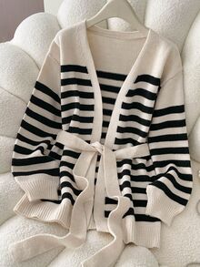 SHEIN Casual French Loose V-Neck Long Sleeve Black And White Striped Striped Knit Cardigan With Belt Autumn 2026 Going Out Office Brunch Top Work Tops Basic - Black and White - View 4
