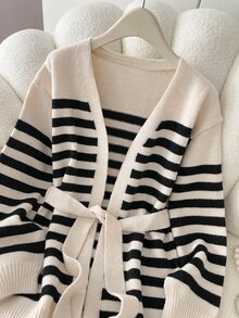 SHEIN Casual French Loose V-Neck Long Sleeve Black And White Striped Striped Knit Cardigan With Belt Autumn 2026 Going Out Office Brunch Top Work Tops Basic - Black and White - View 6