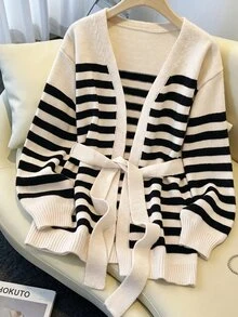 SHEIN Casual French Loose V-Neck Long Sleeve Black And White Striped Striped Knit Cardigan With Belt Autumn 2026 Going Out Office Brunch Top Work Tops Basic - Black and White - View 3