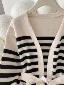 SHEIN Casual French Loose V-Neck Long Sleeve Black And White Striped Striped Knit Cardigan With Belt Autumn 2026 Going Out Office Brunch Top Work Tops Basic - Black and White - View 7