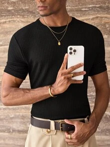 ESTAVOR Men Casual Solid Waffle Knit Tee For Summer - Black - View 5