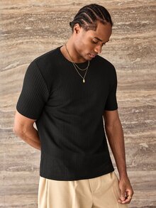 ESTAVOR Men Casual Solid Waffle Knit Tee For Summer - Black - View 4
