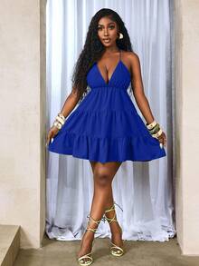 BamGleam Solid Color Sexy Halter Backless Tie Strap Short Dress For Women, Summer - Royal Blue - View 6