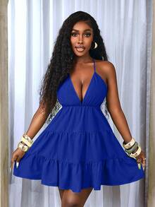 BamGleam Solid Color Sexy Halter Backless Tie Strap Short Dress For Women, Summer - Royal Blue - View 9