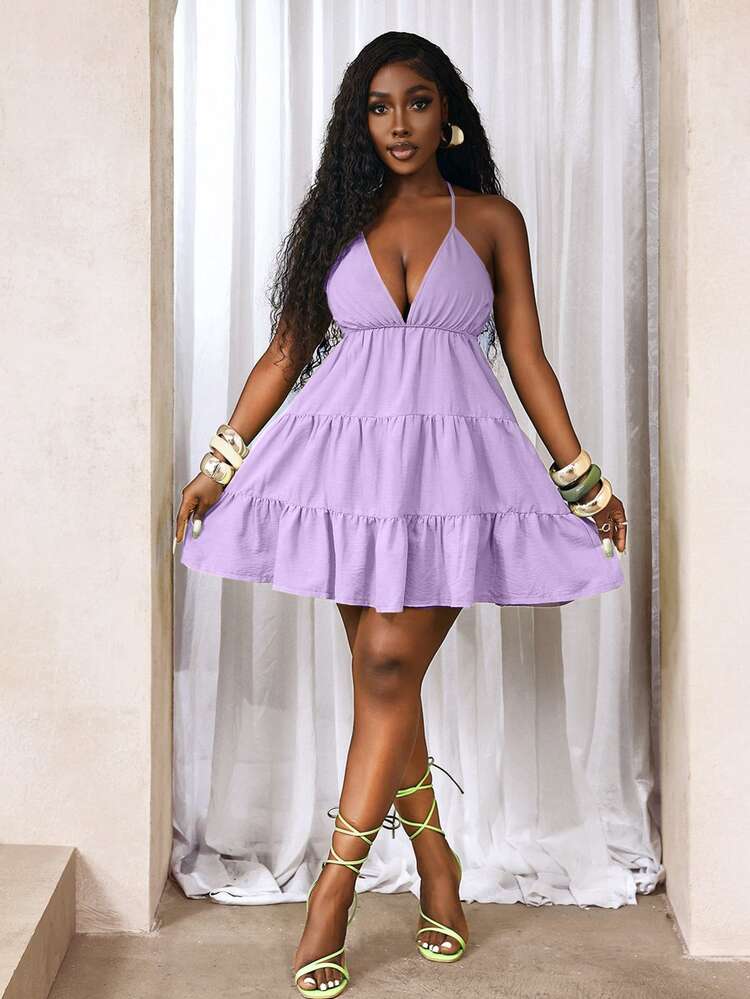 BamGleam Women's Solid Color Minimalist Casual Backless Tie Strap Dress - Mauve Purple - View 3
