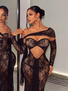 BamGleam Women's Sexy Asymmetric-Shoulder Lace Sheer Chiffon Dress - Black - View 5
