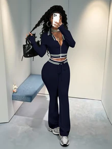 BamGleam 2pcs/Set Contrast Color Collar Cropped Zip-Up Top And Slim Fit Flared Pants, Sporty Casual Chic - Navy Blue - View 7