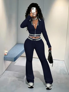 BamGleam 2pcs/Set Contrast Color Collar Cropped Zip-Up Top And Slim Fit Flared Pants, Sporty Casual Chic - Navy Blue - View 8
