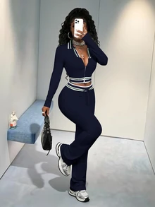 BamGleam 2pcs/Set Contrast Color Collar Cropped Zip-Up Top And Slim Fit Flared Pants, Sporty Casual Chic - Navy Blue - View 9