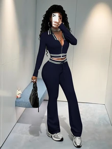 BamGleam 2pcs/Set Contrast Color Collar Cropped Zip-Up Top And Slim Fit Flared Pants, Sporty Casual Chic - Navy Blue - View 5