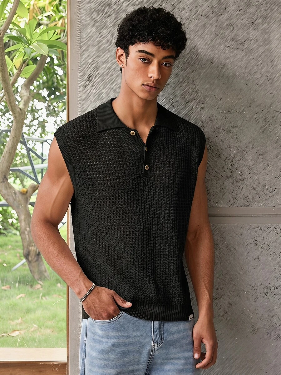ESTAVOR Men's Solid Color Sleeveless Knit Top, Polo Shirt For Summer,Vacation - Black - View 1
