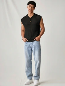 ESTAVOR Men's Solid Color Sleeveless Knit Top, Polo Shirt For Summer,Vacation - Black - View 3