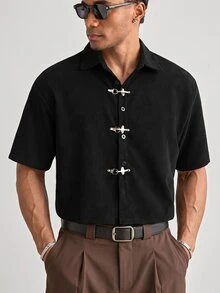ESTAVOR Spring/Summer Men's Corduroy Short Sleeve Shirt - Black - View 2