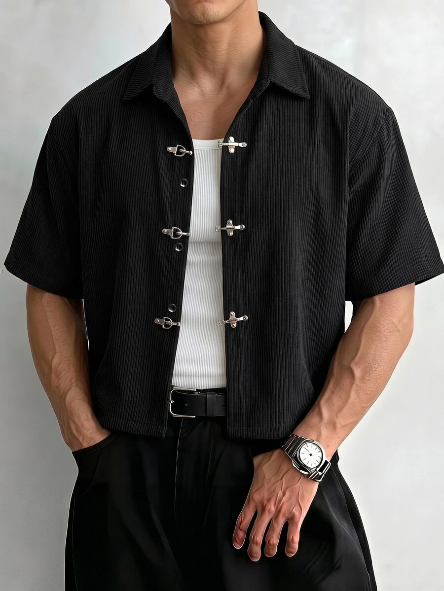 ESTAVOR Spring/Summer Men's Corduroy Short Sleeve Shirt - Black - View 1