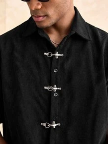 ESTAVOR Spring/Summer Men's Corduroy Short Sleeve Shirt - Black - View 7