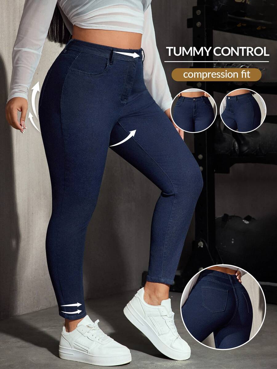 Flexra Celana Jeans Denim Kasual Serbaguna Slim Fit Pinggang Tinggi Saku untuk Wanita Ukuran Plus - Dark Wash - View 1
