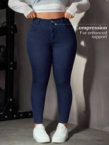 Flexra Celana Jeans Denim Kasual Serbaguna Slim Fit Pinggang Tinggi Saku untuk Wanita Ukuran Plus - Dark Wash - View 3