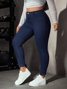 Flexra Celana Jeans Denim Kasual Serbaguna Slim Fit Pinggang Tinggi Saku untuk Wanita Ukuran Plus - Dark Wash - View 11