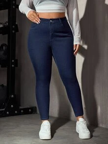 Flexra Celana Jeans Denim Kasual Serbaguna Slim Fit Pinggang Tinggi Saku untuk Wanita Ukuran Plus - Dark Wash - View 7