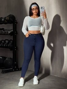 Flexra Celana Jeans Denim Kasual Serbaguna Slim Fit Pinggang Tinggi Saku untuk Wanita Ukuran Plus - Dark Wash - View 6