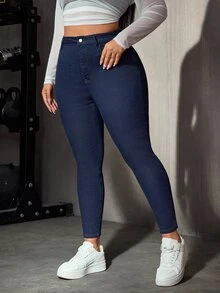Flexra Celana Jeans Denim Kasual Serbaguna Slim Fit Pinggang Tinggi Saku untuk Wanita Ukuran Plus - Dark Wash - View 5