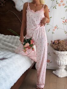 CottageSlumber Women's Pink Slip Dress Pajama Set Rib-Knit Sleeveless Plant Pattern Long Length Nightwear - Pink - View 4
