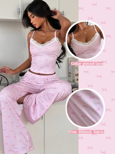 ZzzCrew Damset med pyjamas, rosa rosettmönster, spetskant, v-ringad linne och långbyxor