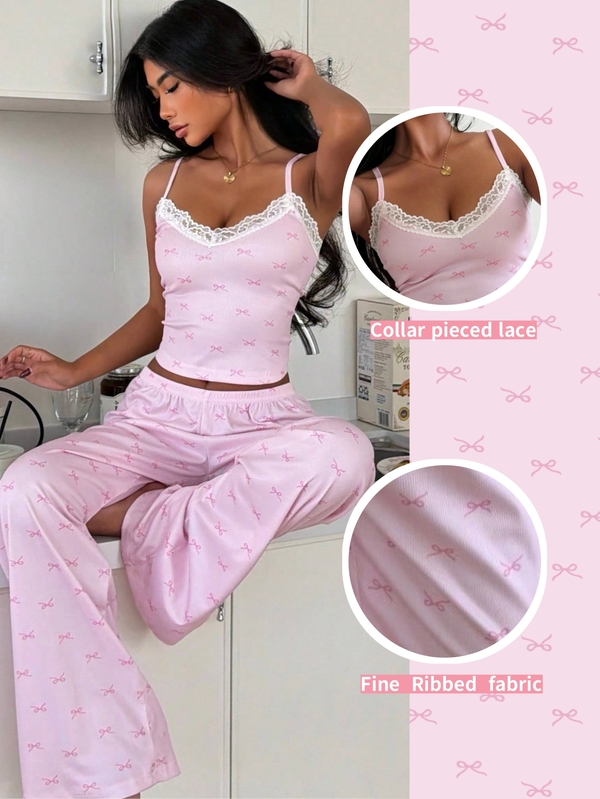 ZzzCrew Women's Sleepwear Set, Pink Bow Print, Lace Trim V-Neck Camisole And Long Pants