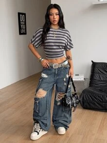 Coolane 女款夏季復古Y2K日常穿著休閒返校街頭風彈性灰色條紋寬鬆抓皺短版T恤 - 灰色 - 查看 2