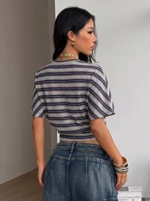 Coolane 女款夏季復古Y2K日常穿著休閒返校街頭風彈性灰色條紋寬鬆抓皺短版T恤 - 灰色 - 查看 6