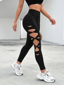 Easithlete Easithlete Solid Black Cut Out Wideband Waist Sports Leggings - Black - View 3