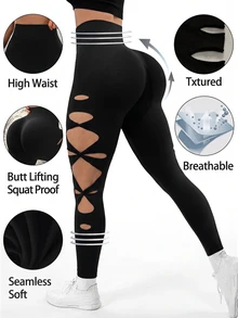 Easithlete Easithlete Solid Black Cut Out Wideband Waist Sports Leggings - Black - View 1