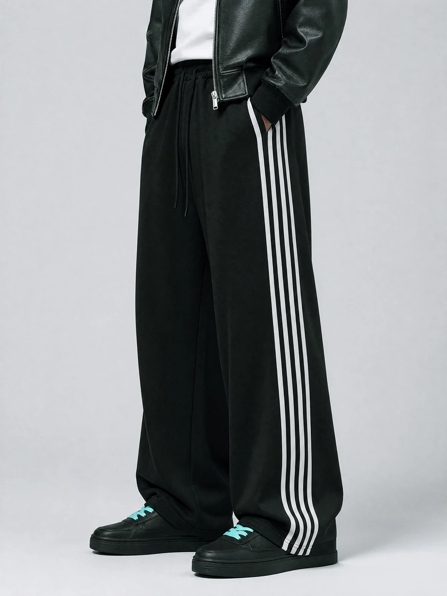 STYNVO Men's Side Stripe Wide Leg Loose Casual Sweatpants - Black and White - View 1