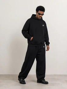 STYNVO Men's Black Hoodie & Wide Leg Sweatpants Tracksuit Set, Oversized Embroidered Streetwear Co-Ord - Black - View 6