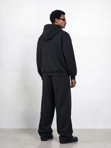 STYNVO Men's Black Hoodie & Wide Leg Sweatpants Tracksuit Set, Oversized Embroidered Streetwear Co-Ord - Black - View 2