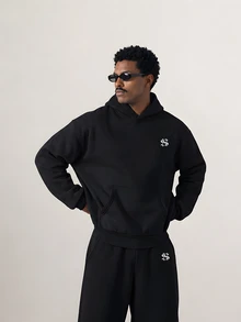 STYNVO Men's Black Hoodie & Wide Leg Sweatpants Tracksuit Set, Oversized Embroidered Streetwear Co-Ord - Black - View 4