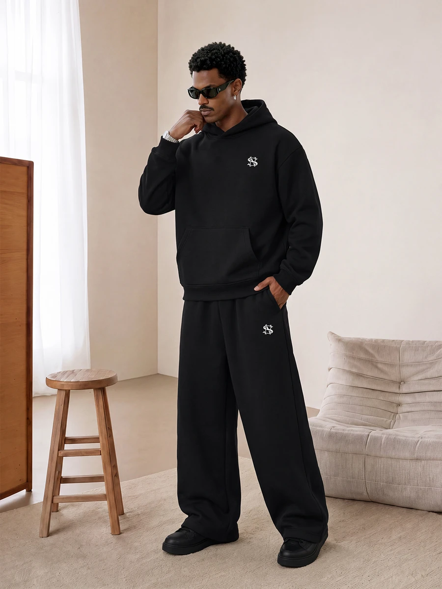 STYNVO Men's Black Hoodie & Wide Leg Sweatpants Tracksuit Set, Oversized Embroidered Streetwear Co-Ord - Black - View 1