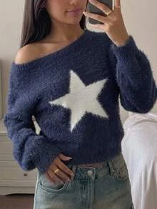 SHEIN Tween Girl Autumn/Winter Casual Star Pattern Off Shoulder Pullover Loose Drop Shoulder Long Sleeve Sweater - Blue and White - View 1