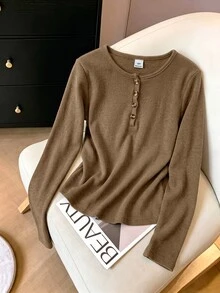 SHEIN Sparklyn 女童短袖休閒 INS 風舒適寬鬆百搭 Polo 條紋 T 恤 - 棕色 - 查看 7