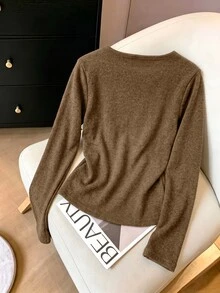 SHEIN Sparklyn 女童短袖休閒 INS 風舒適寬鬆百搭 Polo 條紋 T 恤 - 棕色 - 查看 2